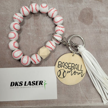 baseball pattern stitches on wood beads. with leather keychain and disk pendant saying baseball mom